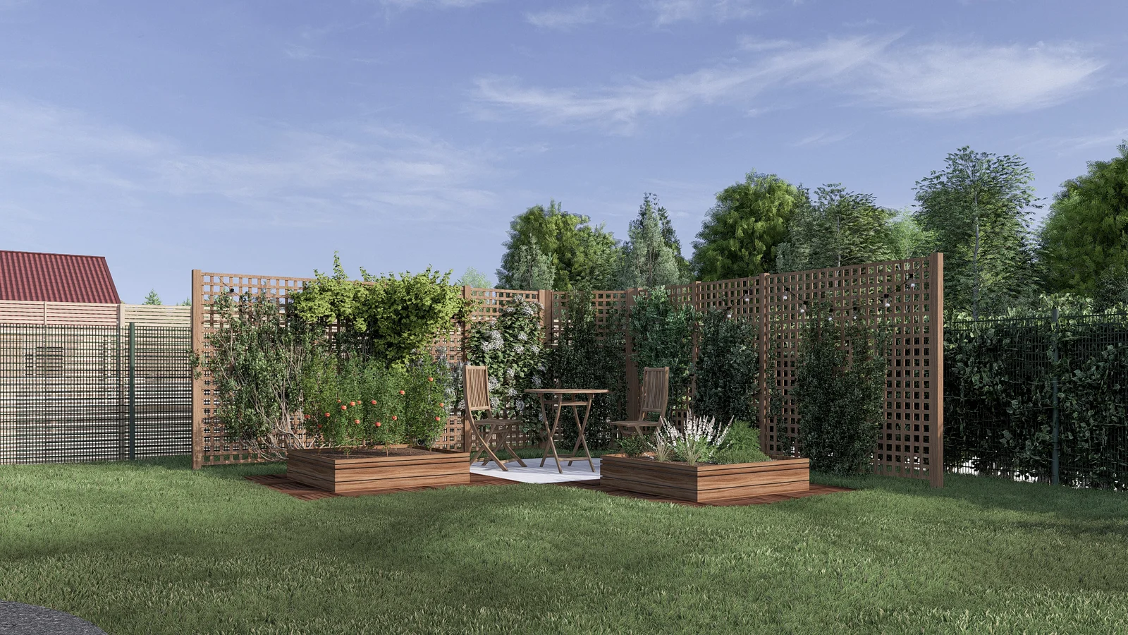 Vue aérienne en 3D d'un aménagement de jardin et d'une maison, réalisée par fh3D Studio